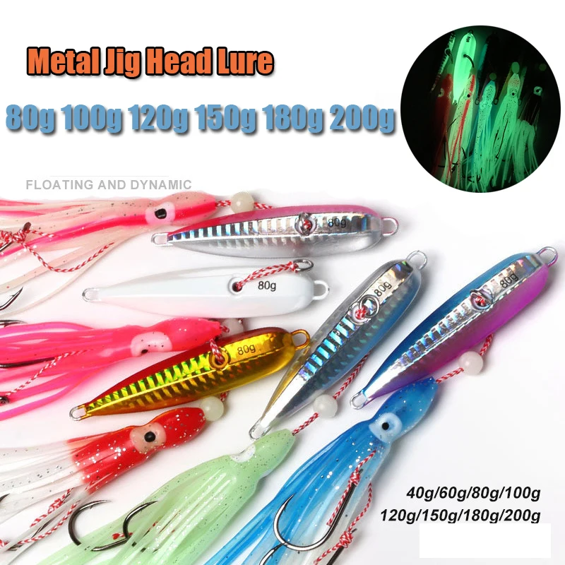 

Metal Jig Head Lure 80g 100g 120g 150g 180g 200g Luminous Squid Hook Soft Sinking Saltwater Spinning Fishing Marlin Lures