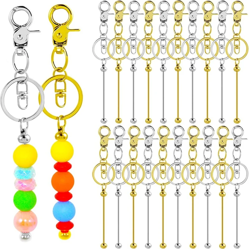 20 Pieces Beadable Keychains Bars - Diy Golden & Silver Beadable Keychains Bulk -Beaded Keychain Making Kit