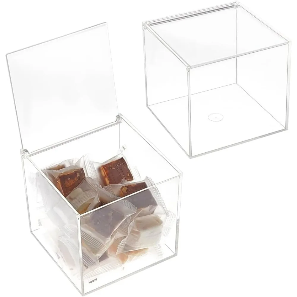 

2 Pcs Clear Acrylic Box with Lid 12cm/4.7 Inch Acrylic Square Cube Display Case Anti Dust Durable Organizers with Hinged kits