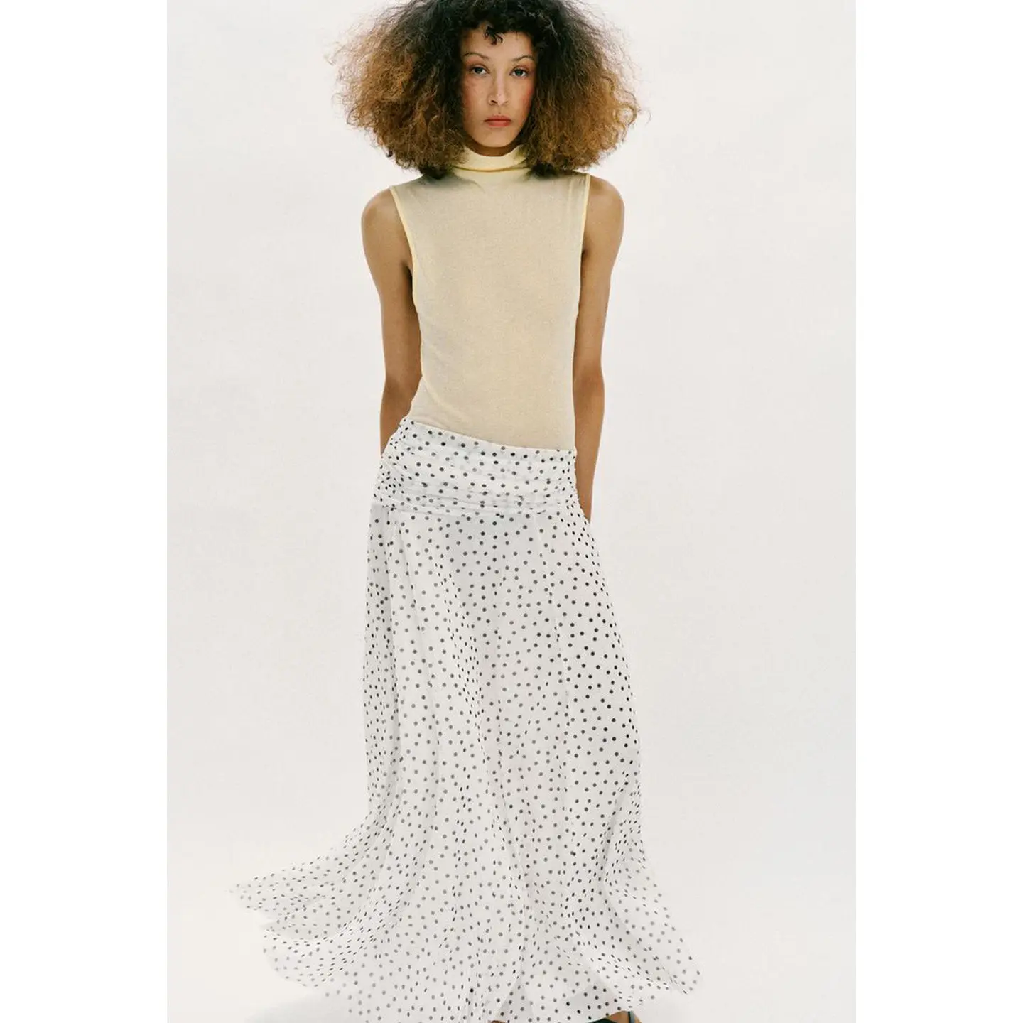 Spring New Women's Midi Skirt Long Polka Dot Folded Decoration A-Line Shape Polyester Fiber mid Waist Design Ladies Skirt
