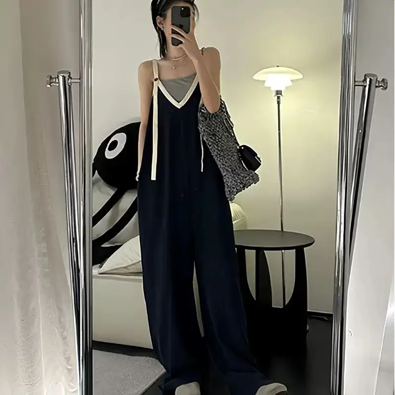 Fashion Button Patchwork Rompers Casual Women Summer New Lazy Wind Loose Street Casual All-match Wide Legs V-neck Jumpsuit