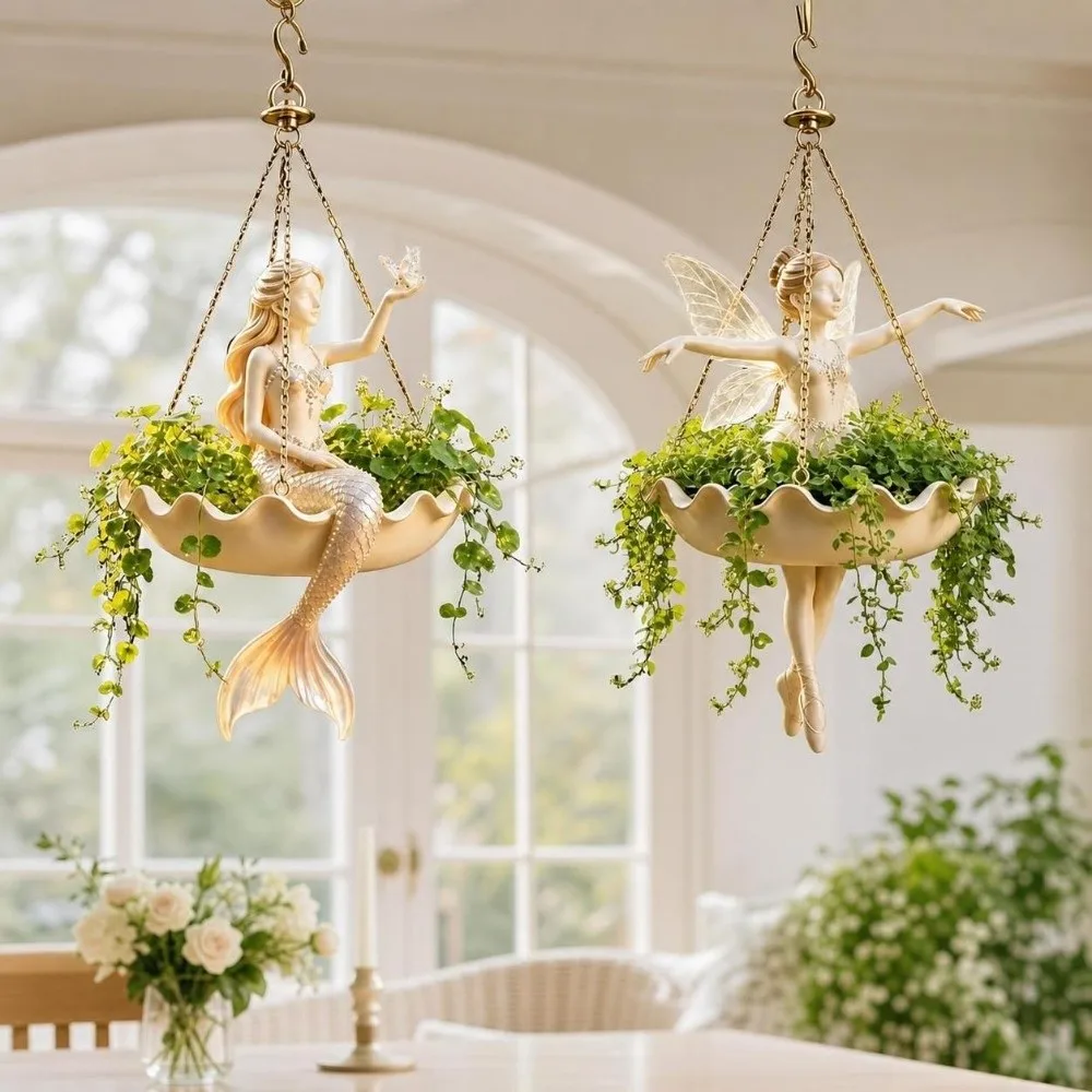 Resin Ballet Dancer Hanging Planter Elegant UV Resistant Fairy Flower Pot Decorative Statue Vintage Mermaid Plant Holder