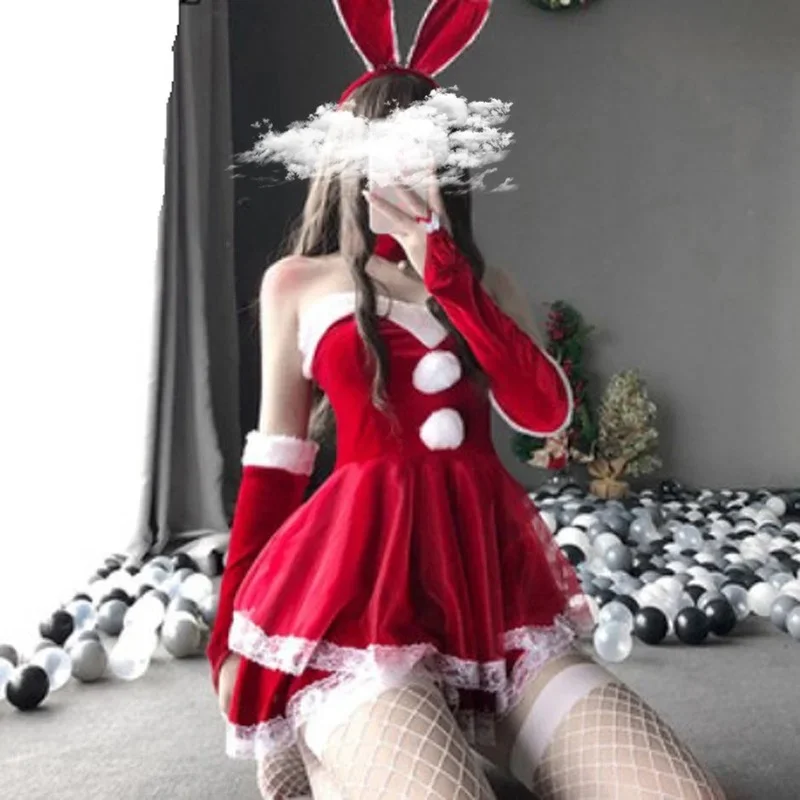 Rode Kerstkostuums Dame Santa Claus Fluwelen Konijntje Rolspel Kant Lolita Konijn Cos Outfits Kawaii Jurk Dienstmeisje Serveerster Uniform