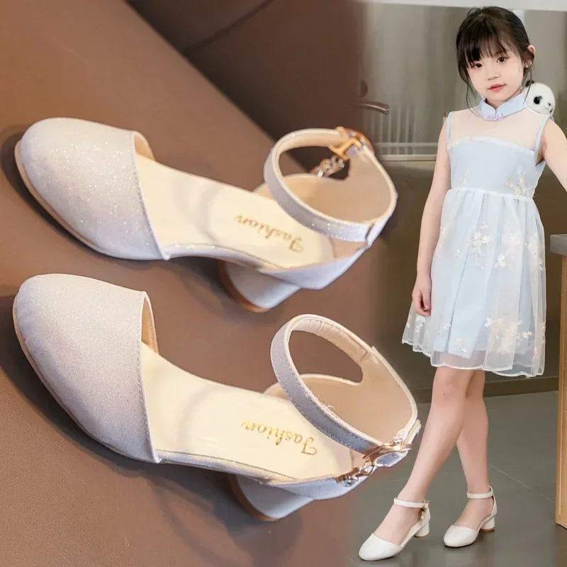 Medias sandalias para niñas, sandalias de Estilo Princesa para niños, tacones altos, punta en punta, novedad de verano 20225, zapatos de baile para niños, Chic y dulce