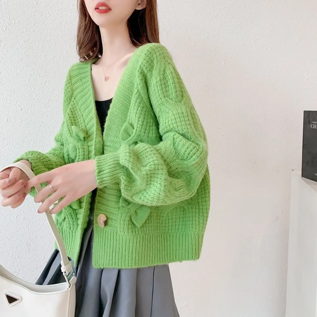 

Women's Pink Knitted Cardigan Sweet Twist Pattern Lazy Top Sweater Jacket Thin Loose Autumn Outerwear Fashionable Casual Style
