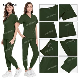 Uniformes médicos elásticos para mujer, conjunto de trajes quirúrgicos de Hospital, Tops con bolsillos, pantalones, accesorios de enfermería, ropa clínica