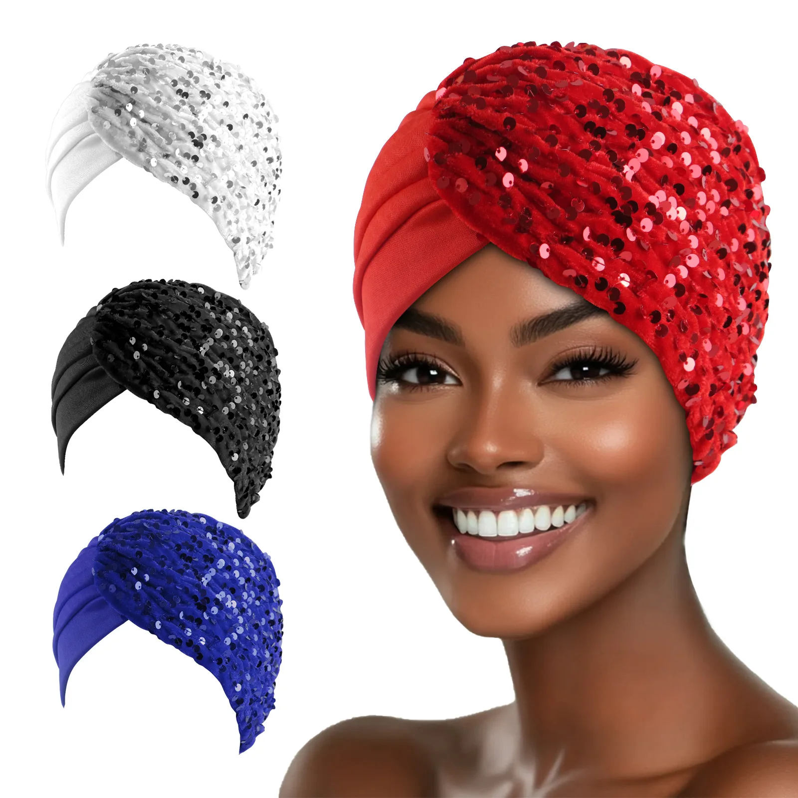 

Новый бархатный тюрбан, индийская шляпа, женский платок с блестками, мусульманский хиджаб, плиссированная повязка на голову, шапочки, капот, химиотерапия, тюрбан от выпадения волос