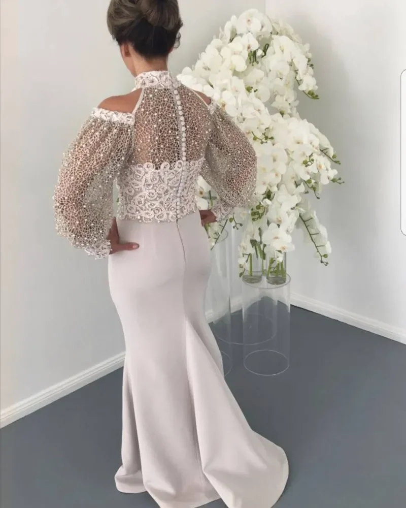 

Elegant High Neck Lace Mother of the Bride Dresses Long Sleeve Beads Mermaid Wedding Guest Dress