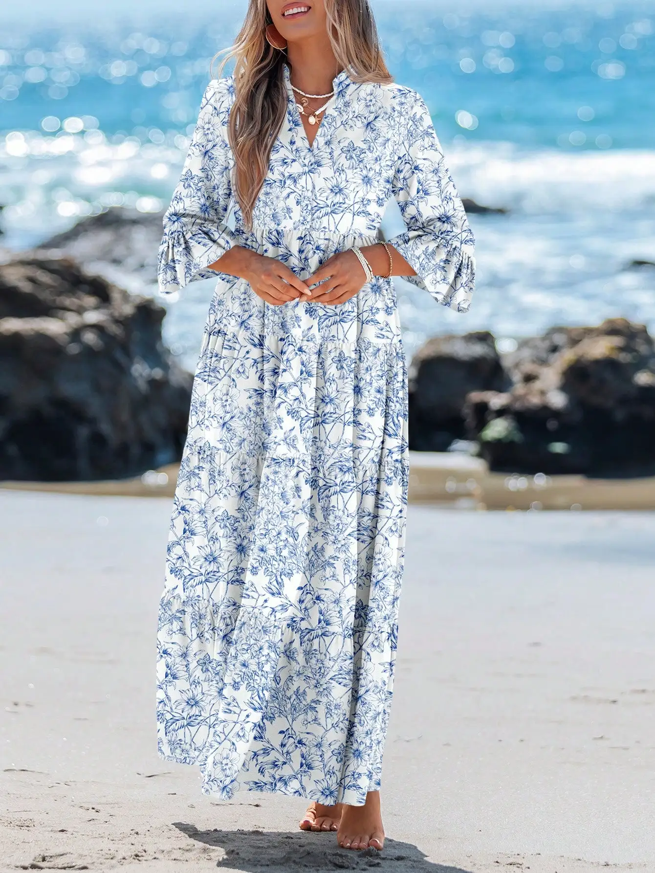 

Повседневное женское макси-платье с цветочным принтом, V-образным вырезом, длинными рукавами и многоярусной юбкой для пляжного отдыха