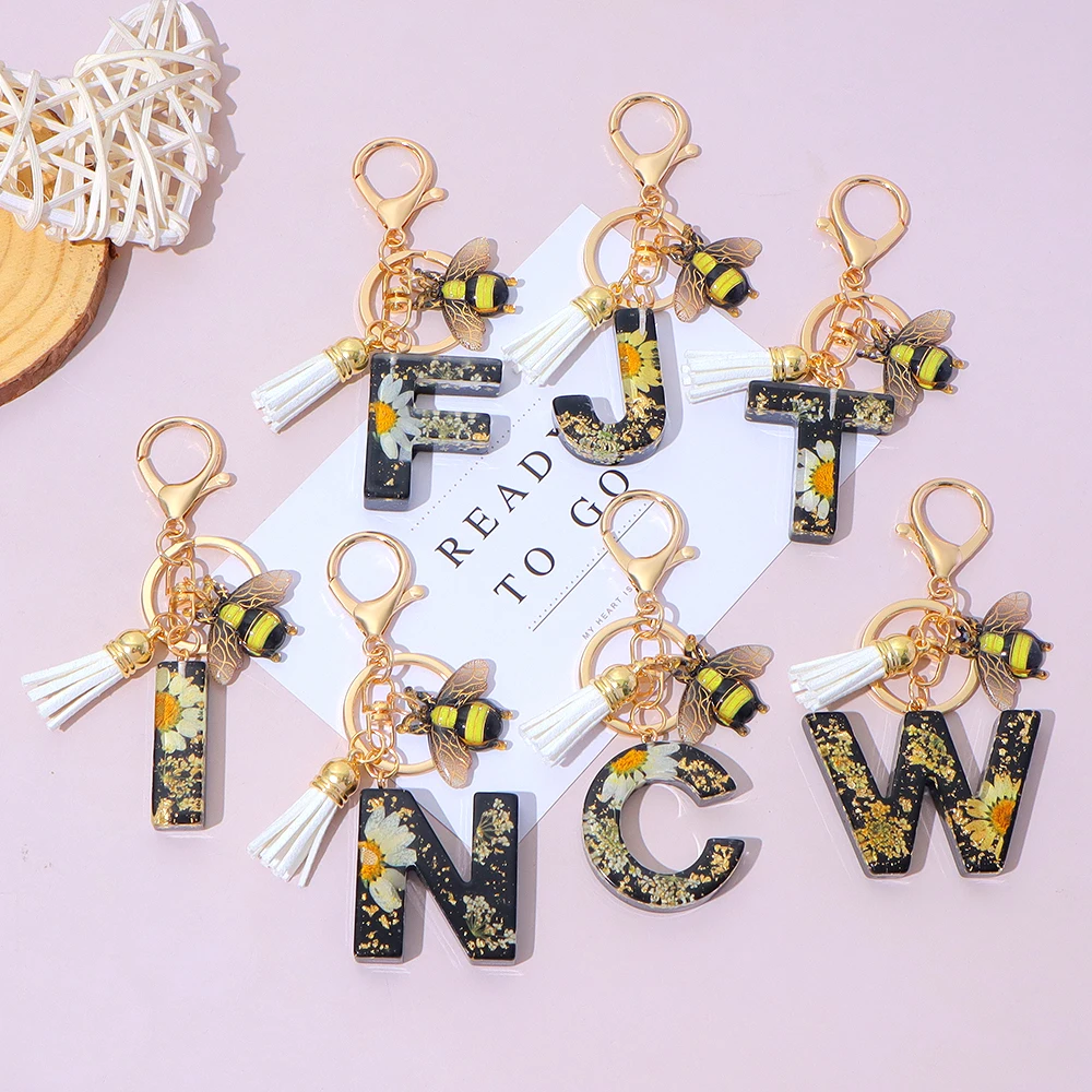 Black Color Resin Letter Keychain Gold Foil Sunflower Initials Keyring With Bee Tassel For Girls Purse Backpack Car Key Decor view 6