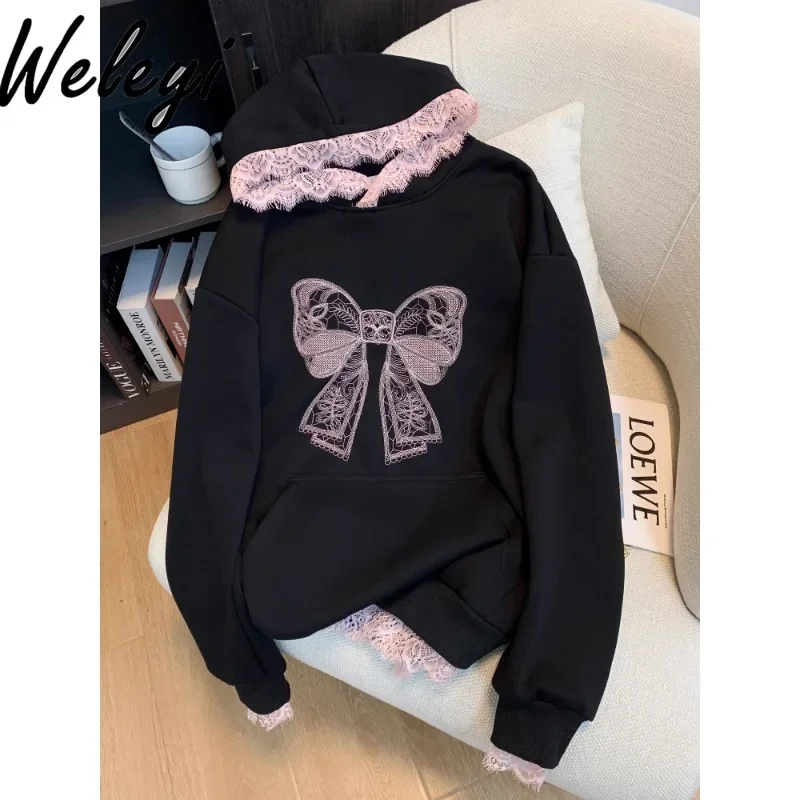 

Korean Fashion Lace Bow Hooded Hoodies Ropa Mujer Autumn and Winter Cutecore New College Style Sweet Loose Casual Versatile Tops