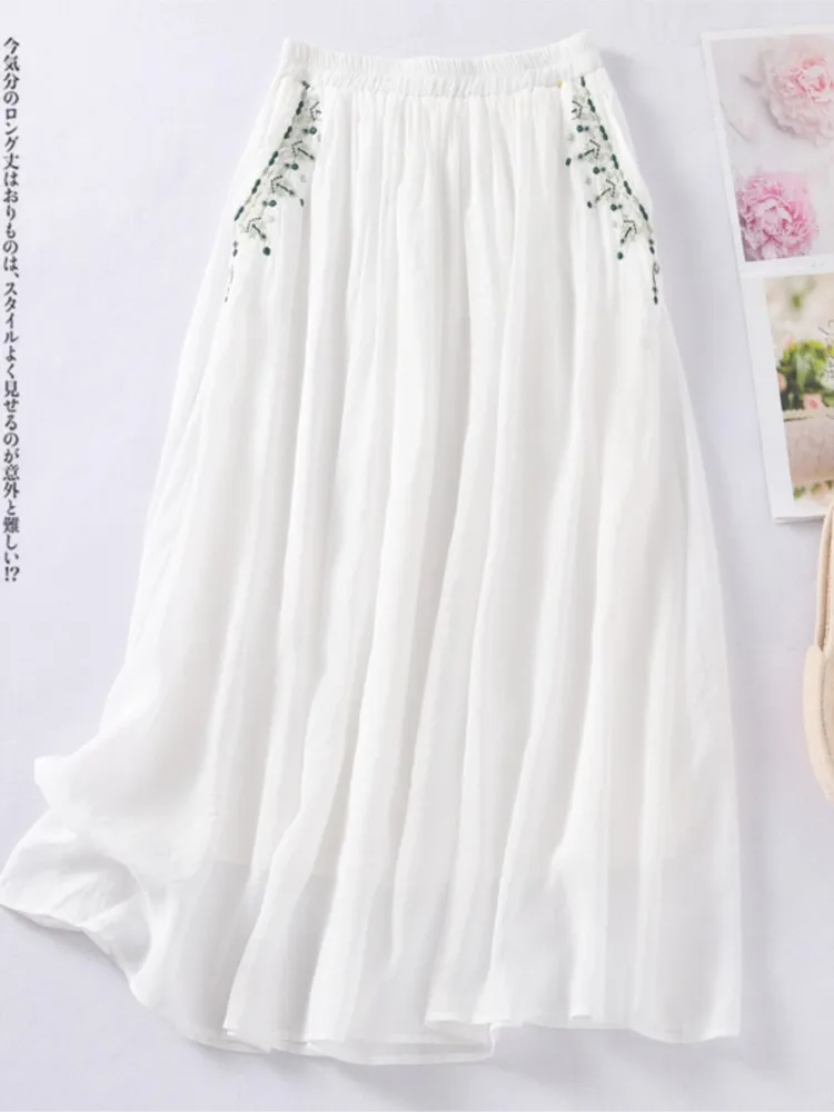 กระโปรงทรงเอวสูงผ้าเนื้อยืดลายดอกไม้ปักสำหรับผู้หญิง แฟชั่นฤดูร้อนทรงหลวมจีบระบาย