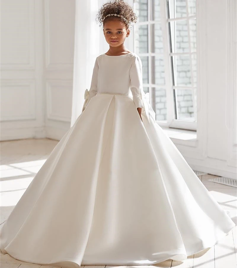 

Satin Flower Girl Dress for Wedding White Long Sleeves With Bow Kids Bridesmaid Party First Communion Birthday Ball Gown