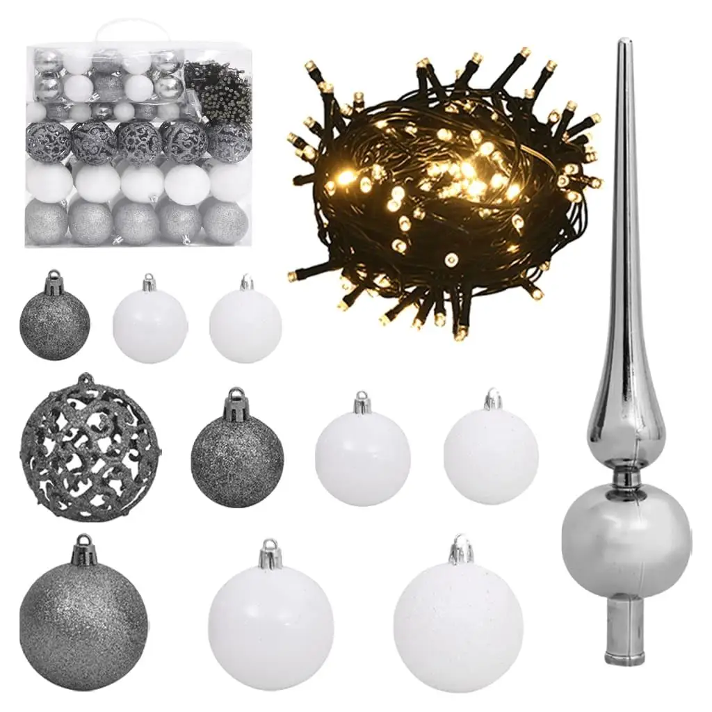 120-Piece Christmas Ball Set with Glitter Peak & 300 Lights in White & Gray - Festive Holiday Decor