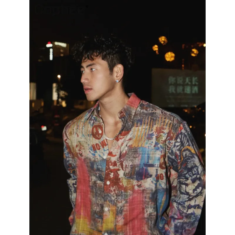 2026 Summer Men's Long Sleeve Short Sleeveless Shirt American Print Loose Vintage Patchwork Graffiti Street Collar Shirt for Men