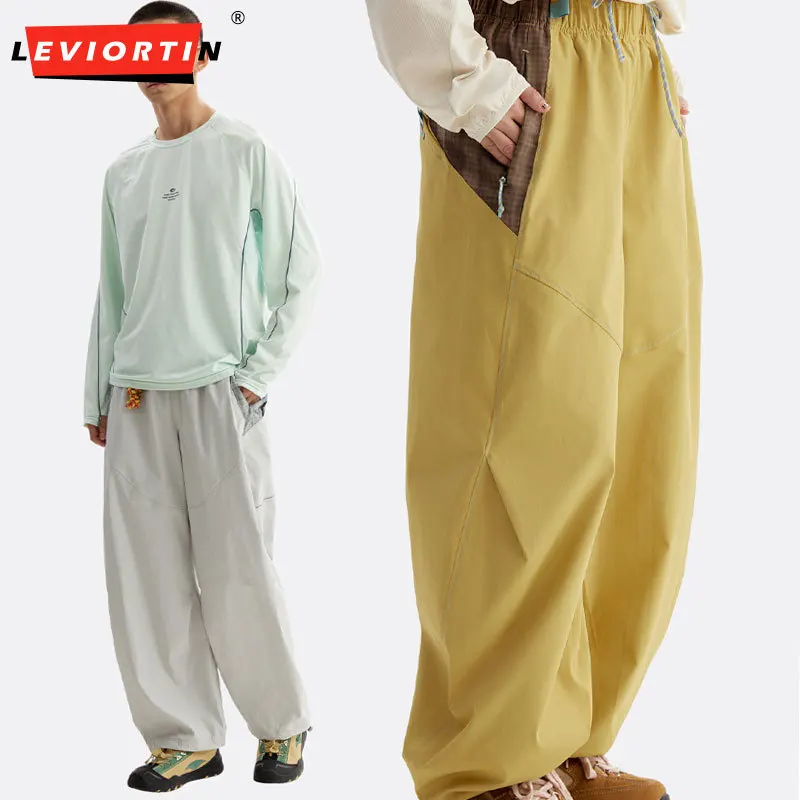 Men's Outdoor Hiking Cargo Pants Water-Repellent Breathable Loose Fit Wide Leg Plaid Splicing Adjustable Hem Trousers Streetwear