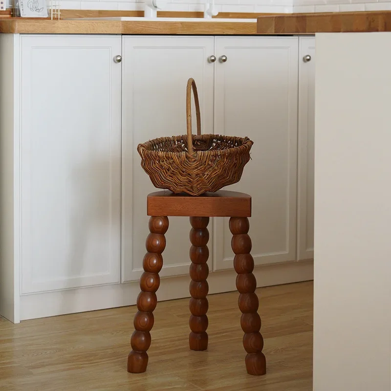 Solid Wood French Retro Side Table Round Antique Bedside Stool Shoe Changing Makeup Small Seat Vintage Home Furniture Decor