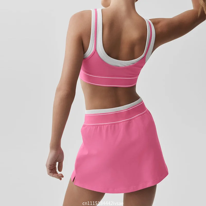 Women 2Pcs Yoga Set Fake Two-piece Color Block V-neck Halter Sports Bra Pocket Shorts Running Fitness Gym Outfit