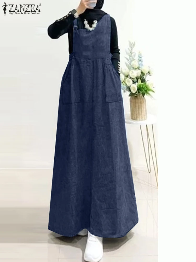 ZANZEA Streetwear Women A-line Vestidos Slant Neck Islamic Hijab Muslim Fashion Sleeveless Abaya Robes Denim Pinafore Dresses