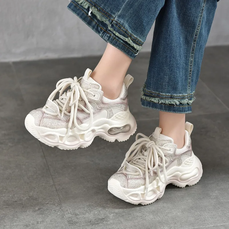 2026 Fashion Women Chunky Platform Casual Sneakers Shining Rhinestone Thick Sole 6cm Height Increasing Lace-Up Dad Shoes