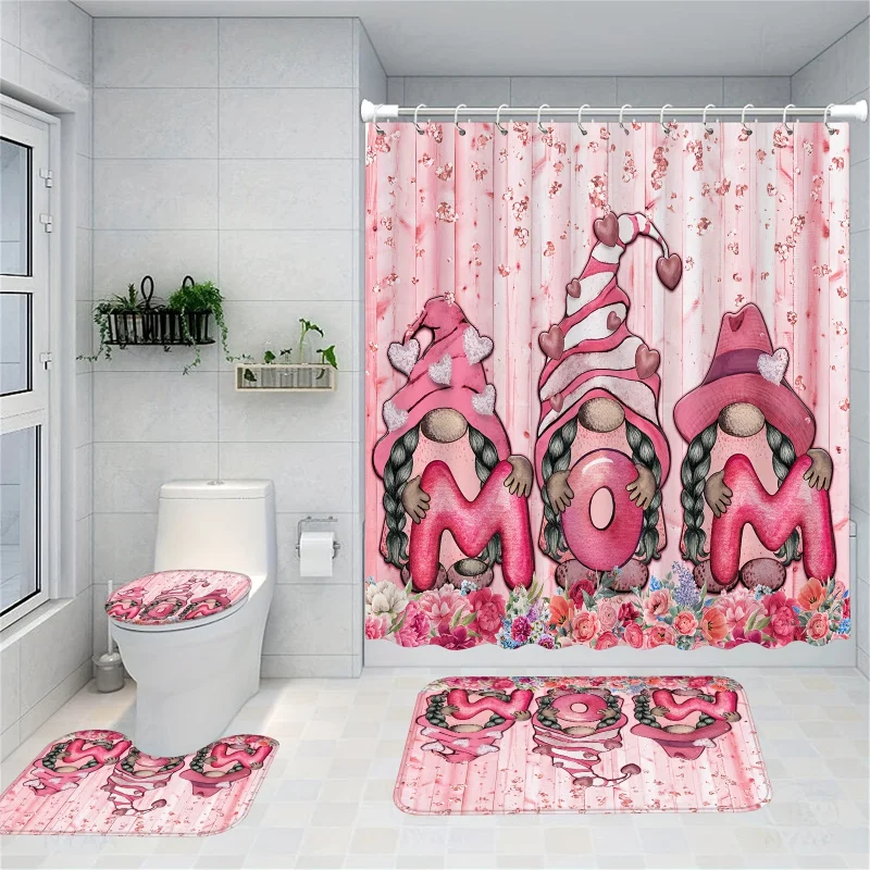

4 шт., розовые милые гномы, набор занавесок для душа, красочные цветочные наборы для ванной комнаты с занавеской для душа и ковриками, водонепроницаемая занавеска для душа