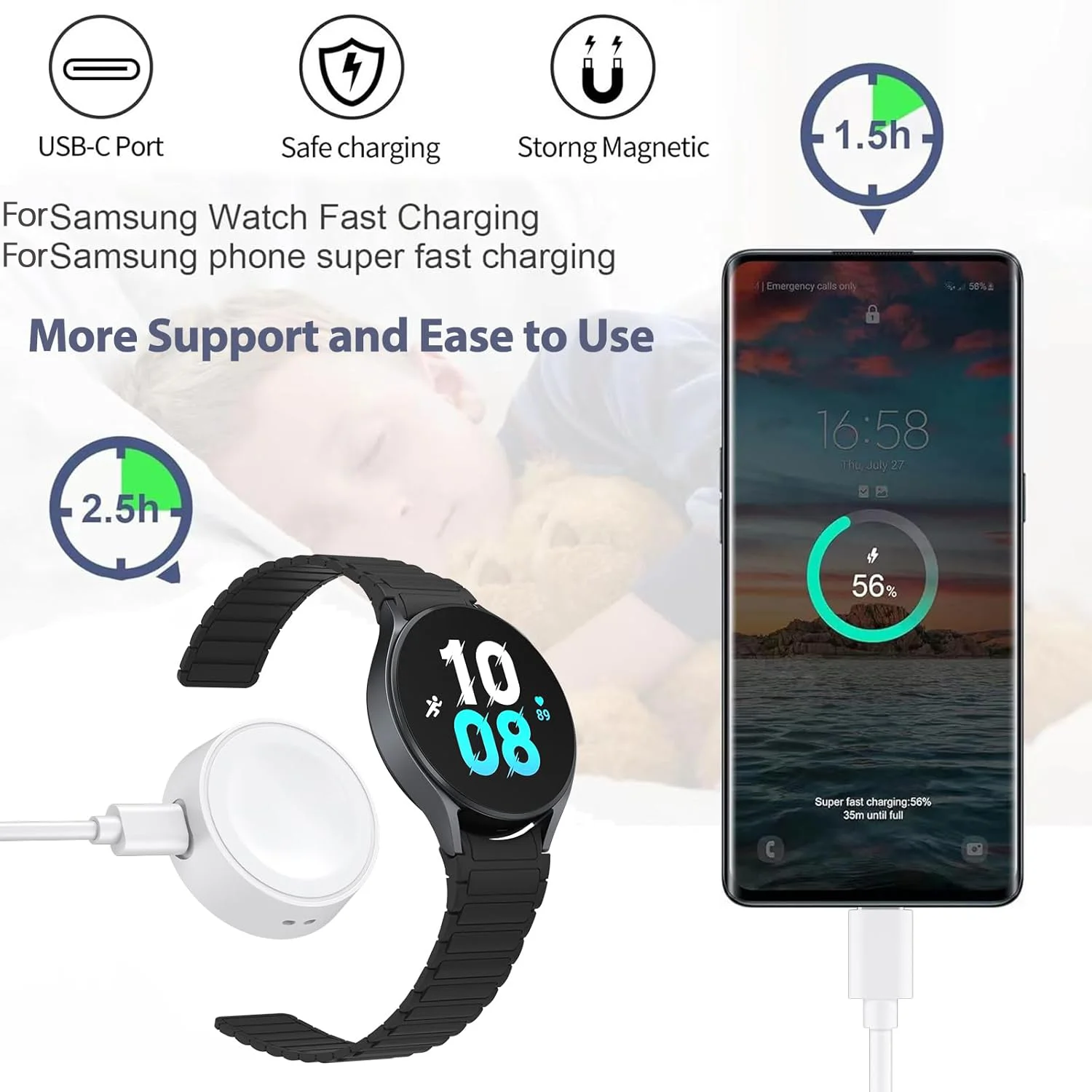 Cargador magnético inalámbrico portátil para Samsung Watch 7, puerto de carga tipo C para Galaxy Watch 7, 6, 5, 4, 3, Universal Ultra