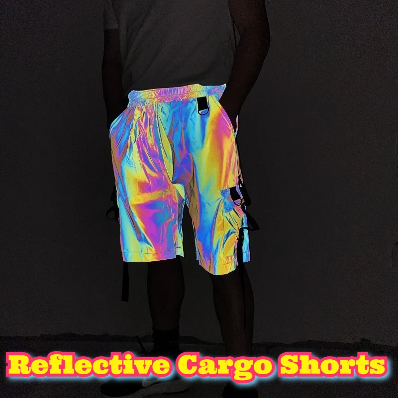 Nuevos pantalones cortos Cargo reflectantes de verano, ropa informal estilo Hip Hop para hombre, pantalones holgados Techwear, moda de venta al por menor, pantalones de pierna ancha que brillan