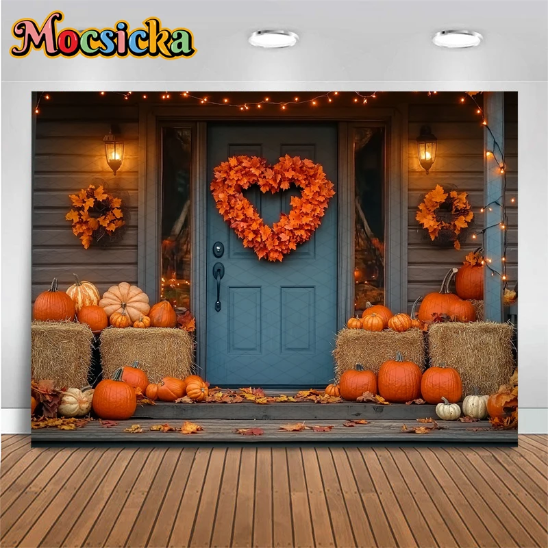 Mocsicka Autumn Photography Backdrops Love Harvest Yellow Maple Leaf House Door Decorations Fall Pumpkin Party Background Banner