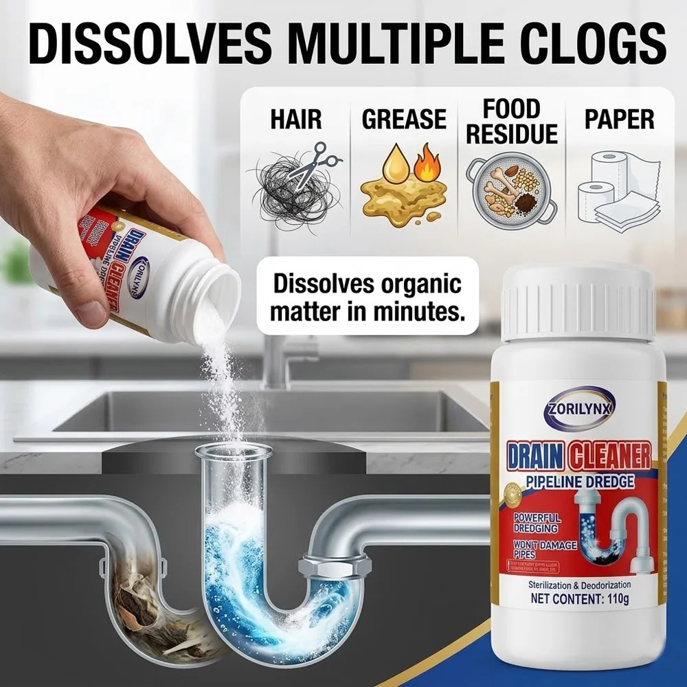 110g Drain Cleaner Powder, Powerful Pipeline Dredge Agent for Kitchen Sink Toilet Bathtub, Clog Remover Non-Damaging ZORILYNX view 2