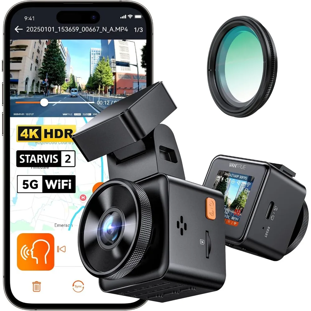 كاميرا Vantrue E1 Pro 4K Mini Dash Cam الأمامية، كاميرا سيارة STARVIS 2 PlatePix HDR للرؤية الليلية، مدمجة 5G WiFi GPS، شاشة IPS 1.54 بوصة،