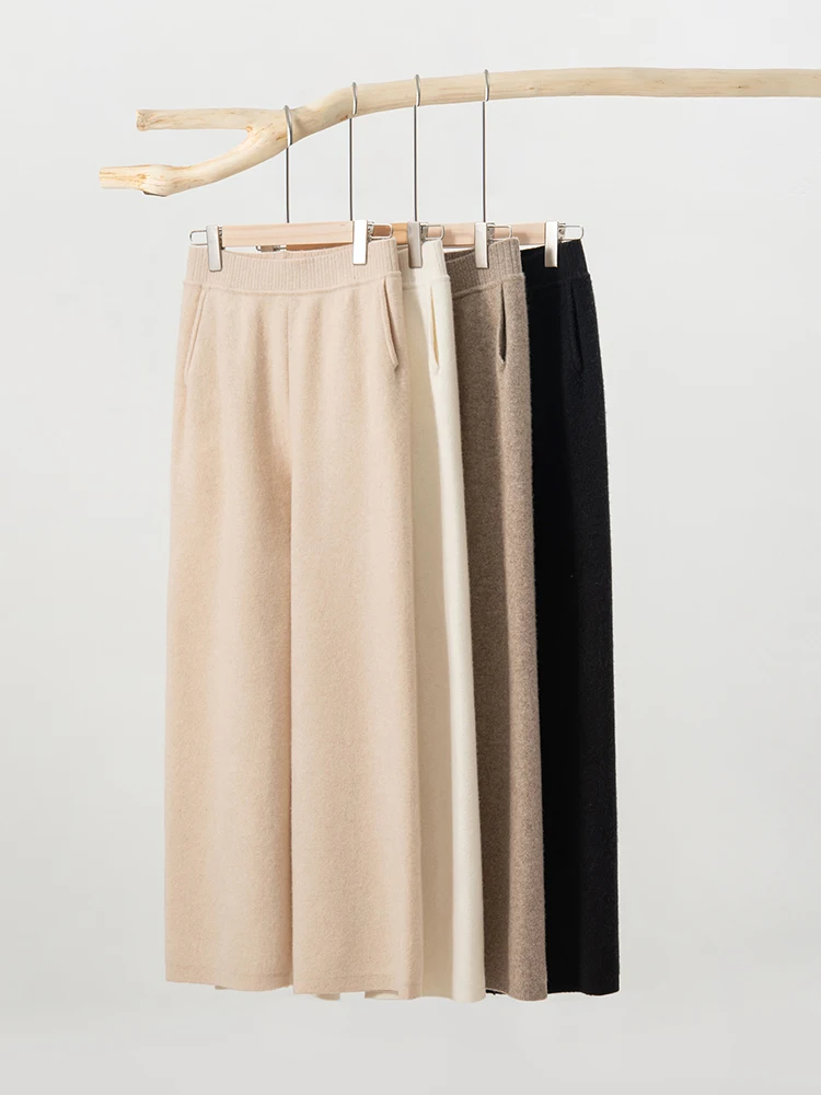 

MEETCC Autumn Winter Women's 100% Cashmere Wide Leg Pants Thick Trousers Soft Warm Cashmere Cozy Pants Casual Loose Elegant Pant