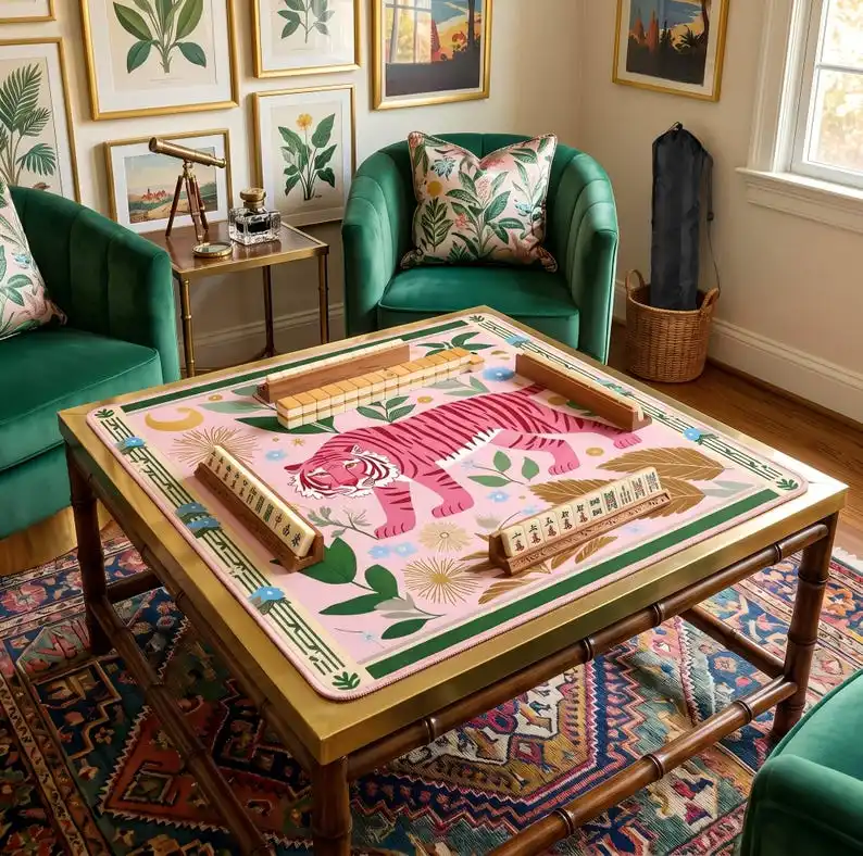 VIKAMA Retro Pink Tiger Botanical Mahjong Mat Non Slip Washable Soft Pad Shock Absorb For US Mahjong Indoor Party