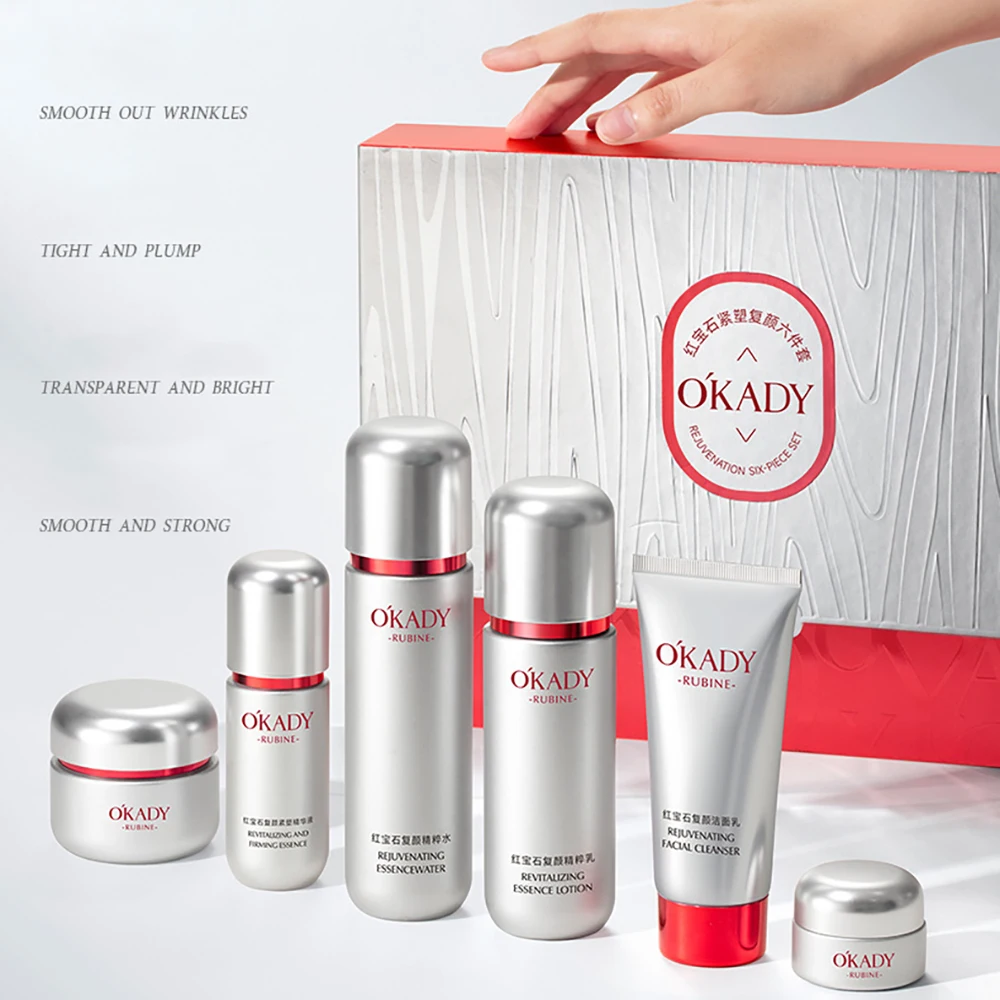 OKADY Ruby Hyaluronic Acid Hydrolyzed Collagen centella skincare set Face Cream Toner Lotion Essence Eye Cream Facial Cleanser