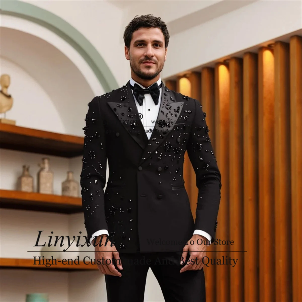 Sparkly Jewelry Ornament Men Suit Customized Double Breast Groom Party Male Prom Blazers Wedding 2 Pieces Sets Party ropa hombre