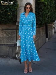 Clacive Fashion Loose Print Women's Dress 2025 Casual Lapel Long Sleeve Midi Dresses Elegant Classic High Waist Female Dress