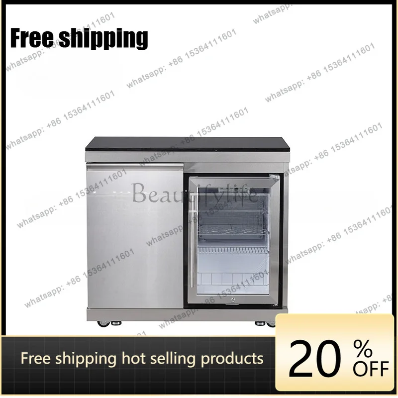 YJ Waterproof Outdoor Kitchen Refrigerator Cabinet Stainless Steel Patio Backyard Barbecue Storage Furniture