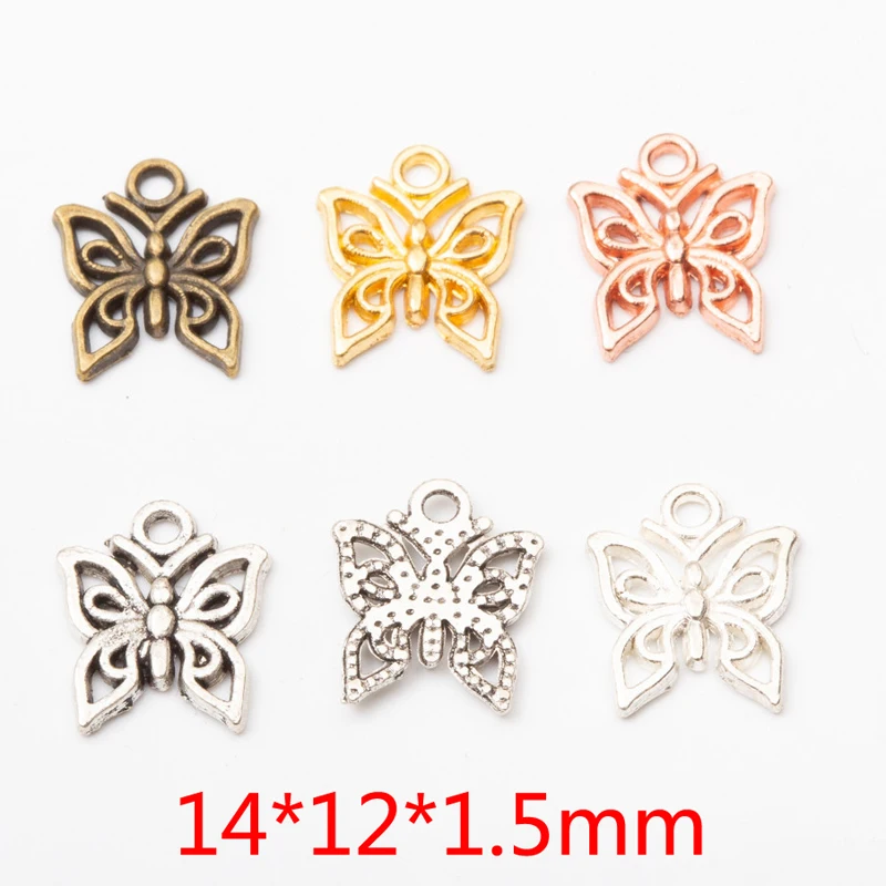 100pcs 14*12 มม.แฟชั่นฤดูร้อนและฤดูใบไม้ร่วง Minimalist Multi-สี Retro สังกะสีอัลลอยด์ห้าสี Hollowed OUT น่ารักผีเสื้อน้อย