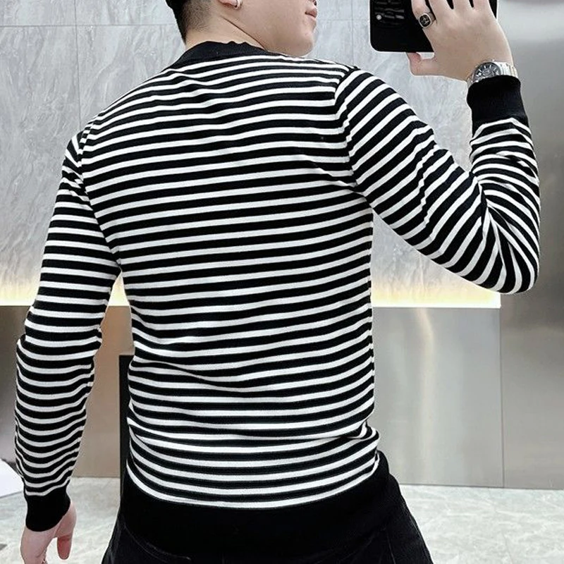 Men Clothing Autumn Winter Korean Fashion Striped Embroidery Long Sleeve T-shirt Y2K Male Casual O Neck Slim Basic Pullover Tops