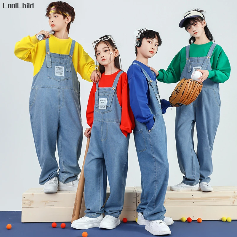 

Boys Hip Hop Solid Sweatshirt Denim Loose Overalls Girls Crop Top Kids Dungaree Child Jumpsuit Street Dance Romper Streetwear