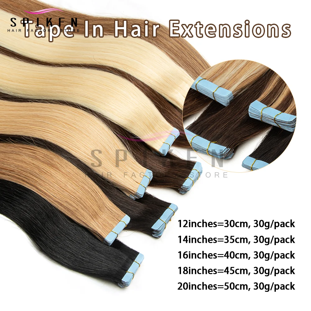 Spikfn fita de 12-24 polegadas em extensões de cabelo humano natural em linha reta 20 unidades/pacote 30g fita fácil de usar em casa preto marrom loiro