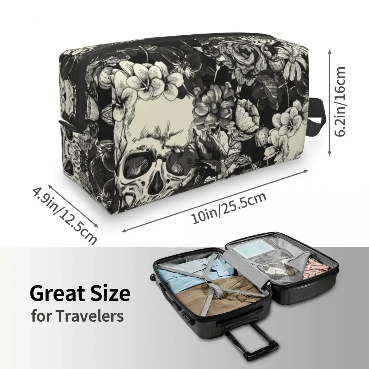 Kawaii Skulls And Roses Travel Toiletry Bag for Women Gothic Moth Cosmetic Makeup Bag Beauty Storage Dopp Kit