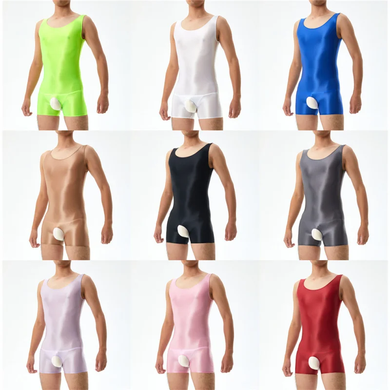 

Мужской цельный костюм больших размеров, гладкий прозрачный глянцевый шелковый затягивающий сексуальный комбинезон, мужской комбинезон с низкой талией, девятисекционный нейлон