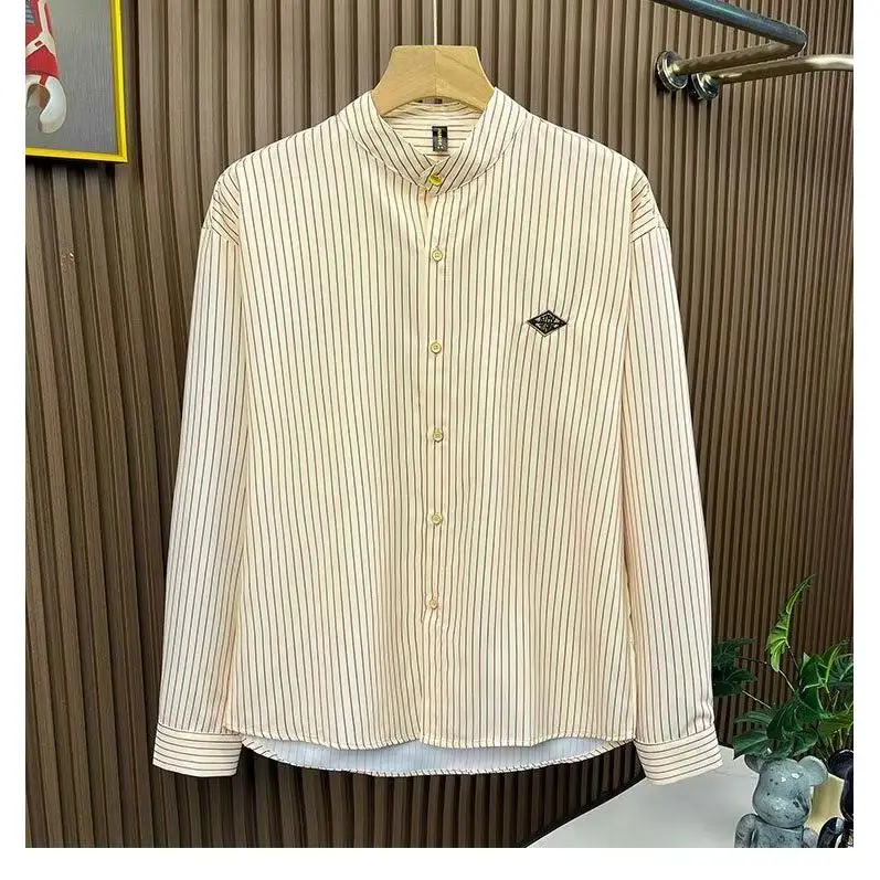 

Spring New Sle Men's Loose Casual Long Sve Striped irt Vintage Stand Collar Trendy American Sle High-End Feeling Coat