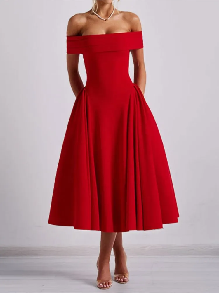 

Spring Summer Fashion Elegant Simple Solid Color Dress Women's Temperament Commuting One-line Collar Sexy Off-shoulder Dresses