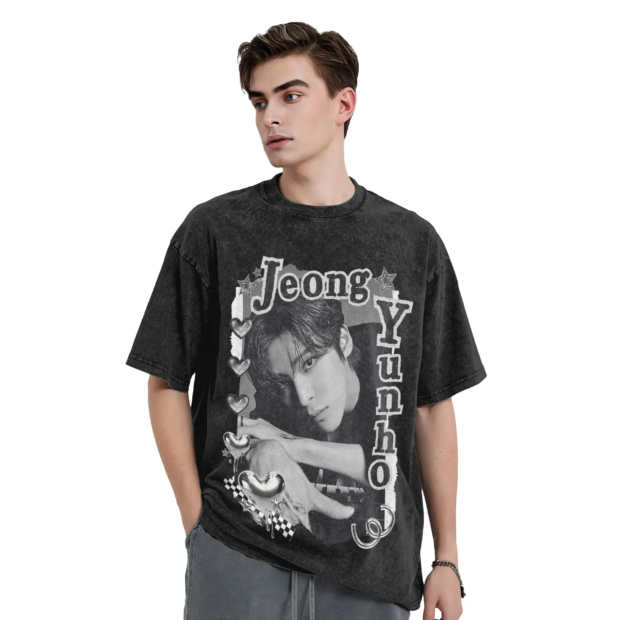 Kpop Boy Group A-Ateez Jeong Yunho Washed T Shirt Streetwear  Vintage T-Shirt  Tee Shirt Men Women Short Sleeve Harajuku Printed