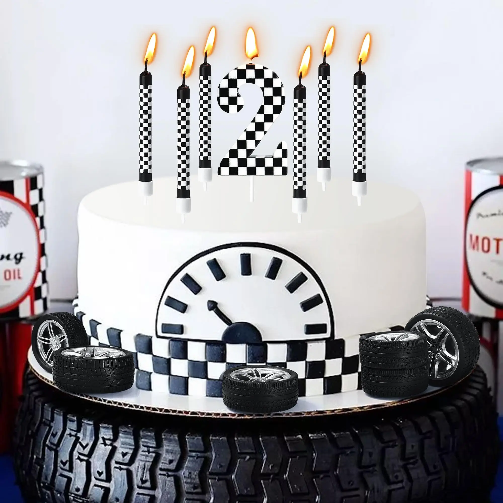 7Pcs Birthday Candles Set,Cake Numeral Candles,Racing Cars Themed Birthday Candles for Cake Candle Checkered Decoration