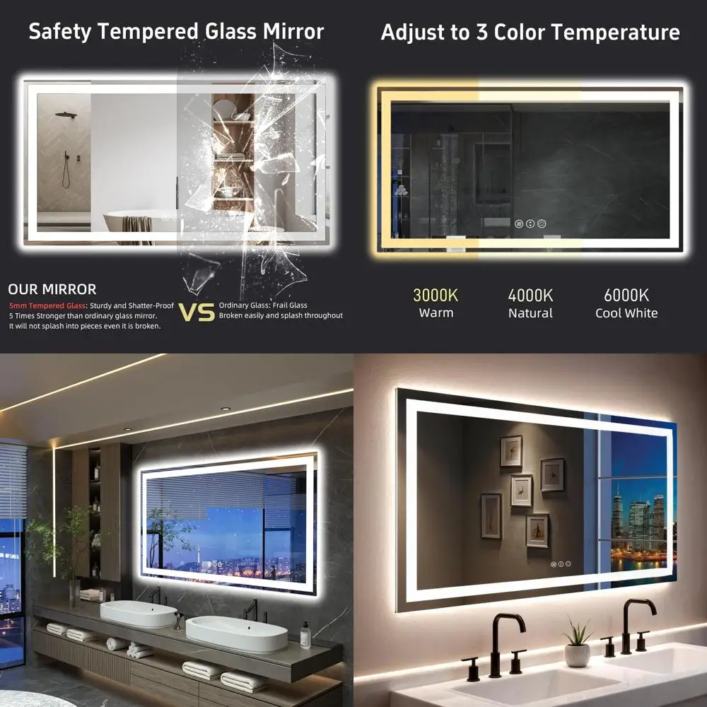 

Зеркало для ванной с 55 светодиодами, регулируемой двойной подсветкой, закаленным стеклом с защитой от запотевания