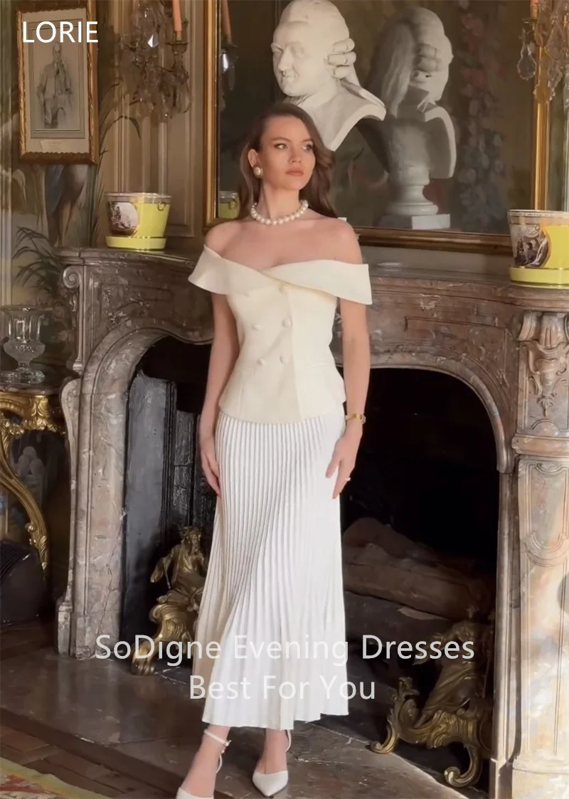 LORIE Suit Satin Wedding Dresses Button Off Shoulder Pleated Sleeveless Bride Prom Gown Ankle-Length Bridal Gown Customized