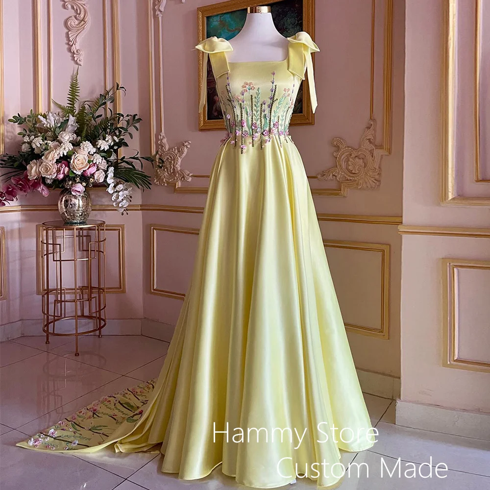 Yellow Evening Dress Square Neck Sleeveless Embroidery Lace Flowers A Line Satin Corset Prom Dresses Dubai Formal Party Gown