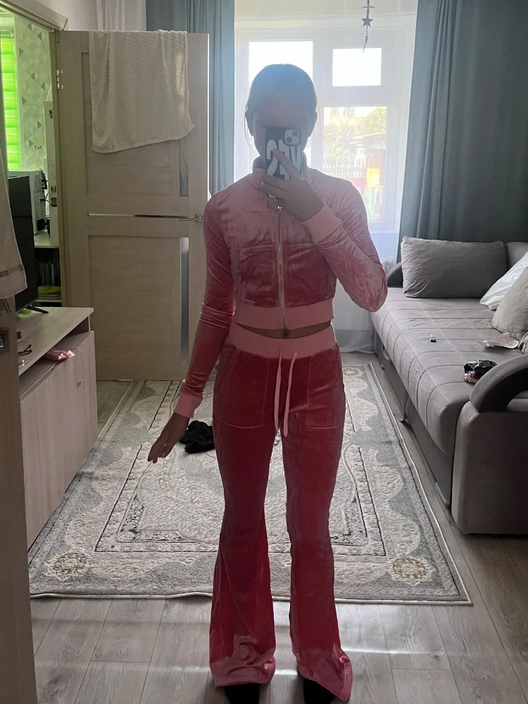 EOENKKY-Conjunto de dos piezas de terciopelo liso para mujer, Top sencillo informal con cremallera de manga larga y cuello alto + pantalones de pierna ancha ajustados de encaje vendaje